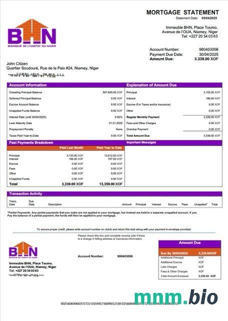 Niger Banque de l'Habitat du Niger (BHN) wyciąg z kredytu hipotecznego szablon Word i PDF